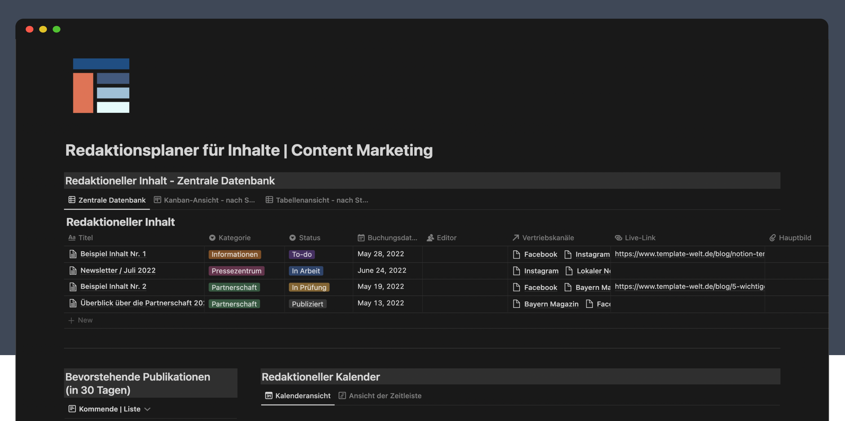Notion Vorlage Redaktionsplaner für Inhalte