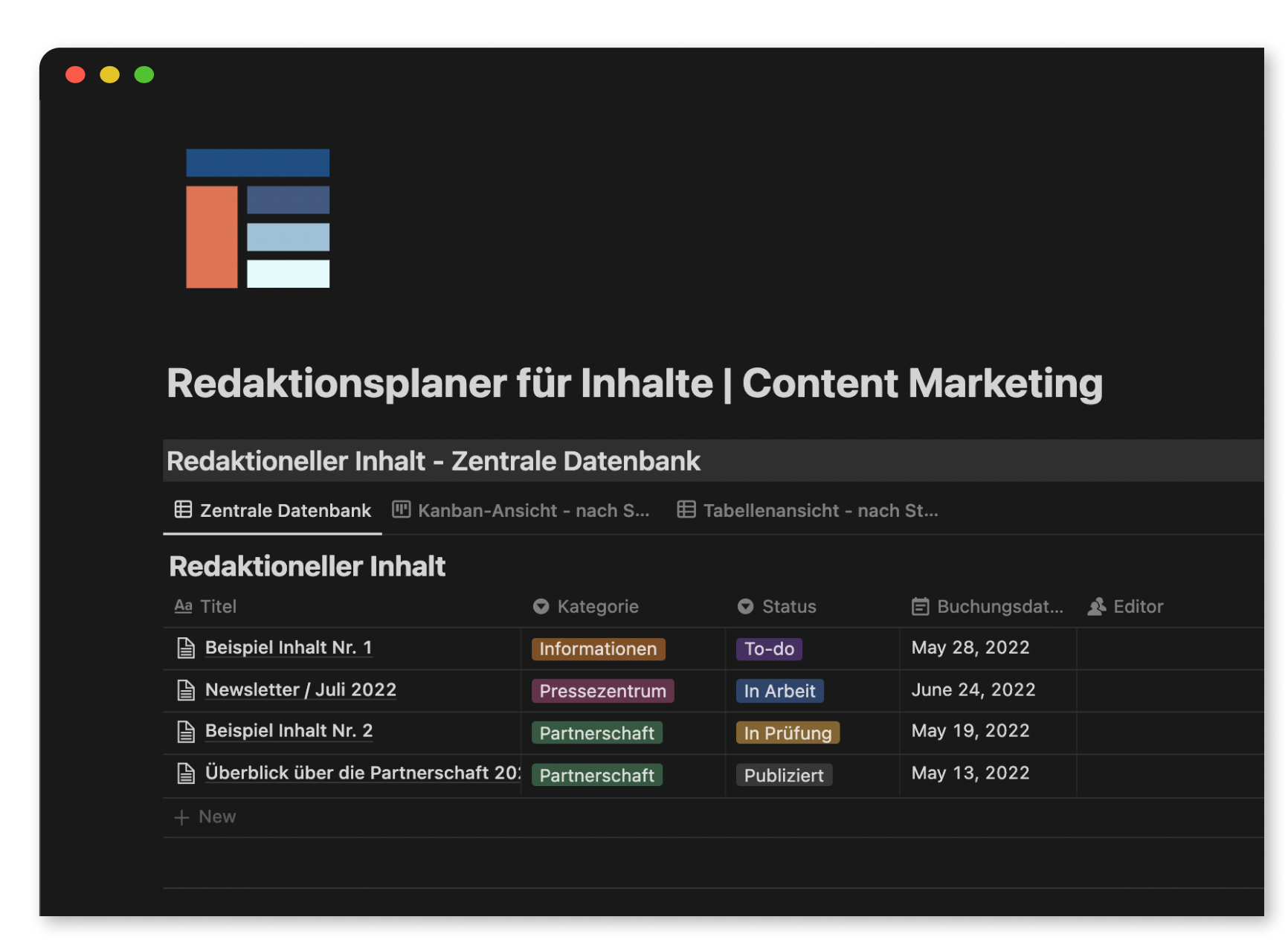 Notion Vorlage Redaktionsplaner für Inhalte. Content Marketing