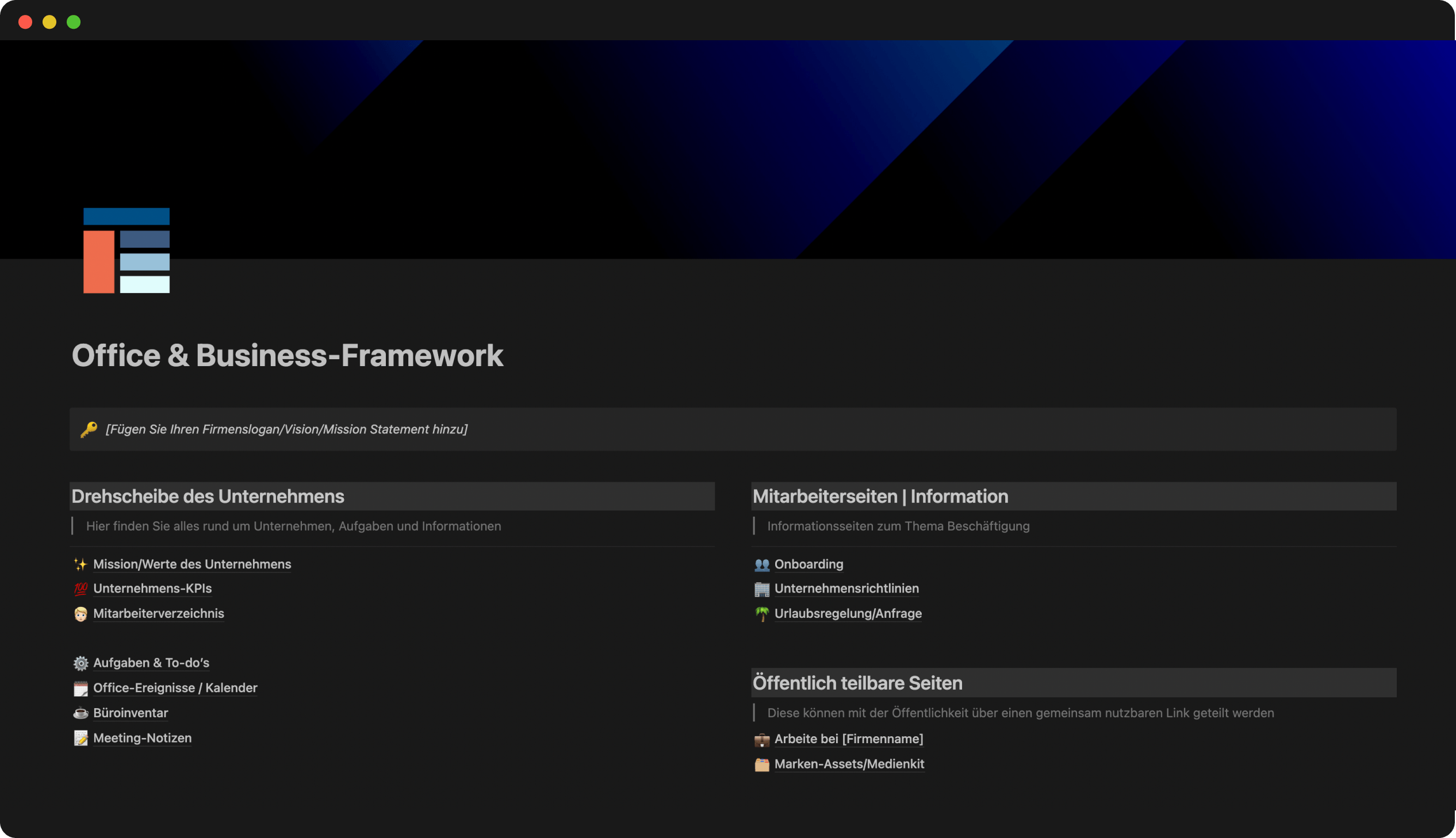 Office & Business-Framework | Notion-Vorlage. All-in-One Notion-Vorlage für Ihr Unternehmen. 